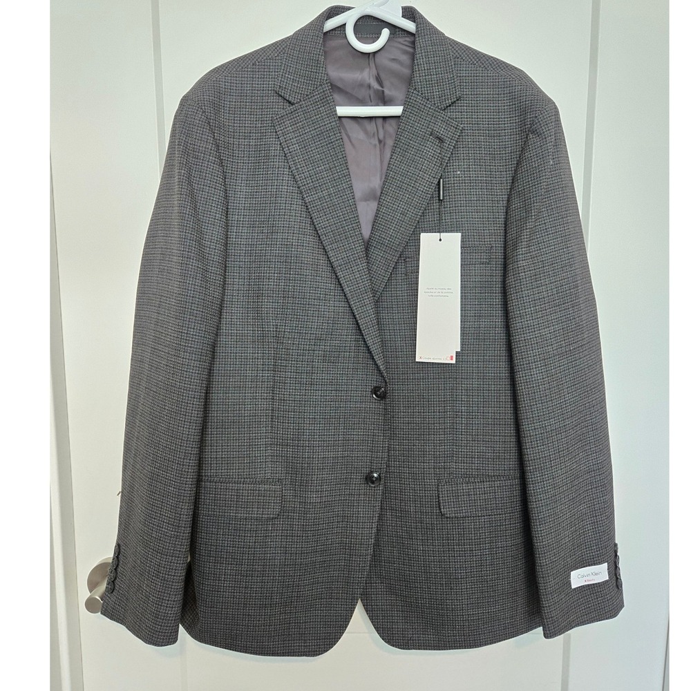 Calvin Klein X Slim Fit Grey Micro Houndstooth Wool Blend Blazer Jacket 46R NEW